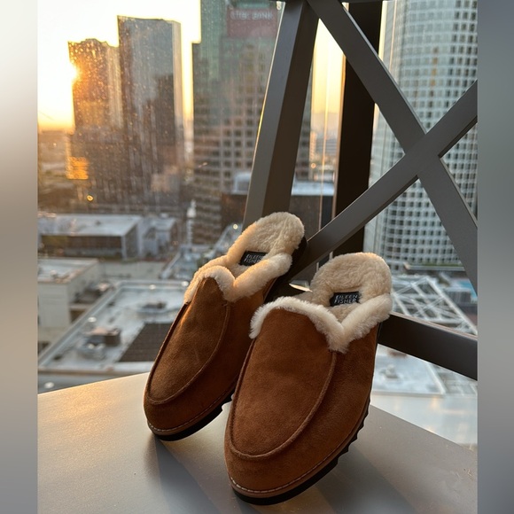 Eileen Fisher Suede Shearling Lamb Fur Slide Slip on Mules Brown - 7 - Picture 3 of 11